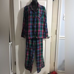 Victoria’s Secret pink green blue silver metallic plaid 2-pc pajama set